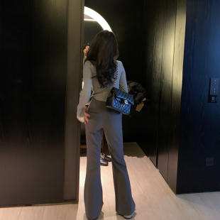 女 裤 秋冬新款 高腰显瘦拖地裤 bigyu 马蹄裤 黑色微喇叭毛呢西装