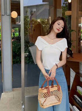 bigyu V领设计感蝴蝶结针织衫薄款女夏季高级感气质百搭冰丝上衣