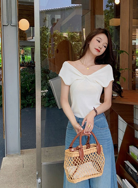 bigyu V领设计感蝴蝶结针织衫薄款女夏季高级感气质百搭冰丝上衣
