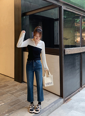 bigyu 百搭直筒深蓝色九分牛仔裤女秋冬加薄绒小脚高腰显瘦法棍裤