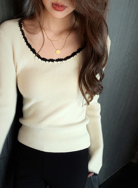 bigyu 拼色低圆领打底衫长袖杏色上衣女秋冬修身显瘦内搭针织衫