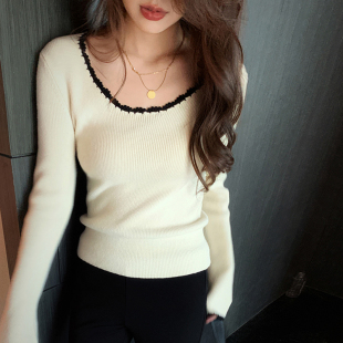 显瘦内搭针织衫 bigyu 杏色上衣女秋冬修身 长袖 拼色低圆领打底衫