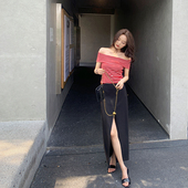 垂感西裙百搭中长款 bigyu 黑色简约风显瘦前开叉裙子女夏季 半身裙