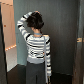 bigyu 领带可取 飘带上衣 设计感气质V领撞色条纹针织衫 春秋长袖