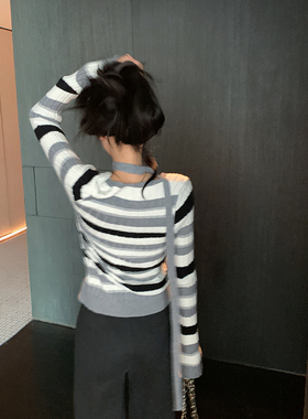bigyu【12.26上新限时95折】设计感V领撞色条纹针织衫领带可取