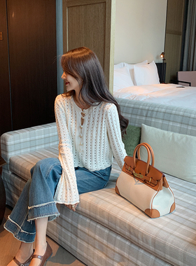 bigyu 法式气质镂空钩花针织衫洞洞衫上衣短裙春秋套装长袖罩衫女