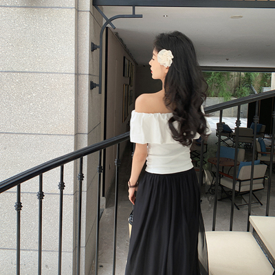 bigyu 露肩荷叶边一字领上衣女春夏新款锁骨短袖显瘦修身褶皱T恤