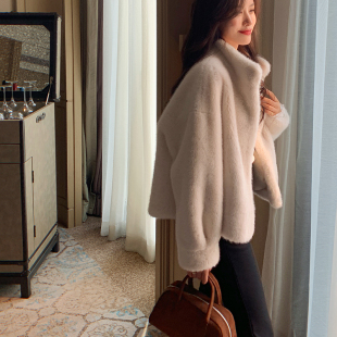 bigyu 小个子仿貂毛上衣立领毛绒外套 环保皮草女秋冬慵懒宽松短款