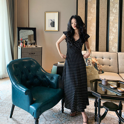 bigyu 正反两穿设计感连衣裙春夏新款荷叶边短袖露背复古波点长裙