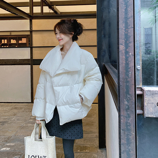 bigyu 90白鸭绒大翻领羽绒服女秋冬中款小个子白色面包服保暖外套