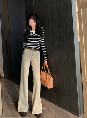 bigyu【12.26上新限时95折】微喇叭牛仔裤女秋冬加薄绒卡其长裤