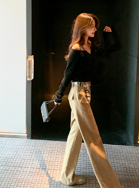 bigyu 卡其色高腰显瘦窄版阔腿裤工装休闲通勤百搭垂感西装裤长裤