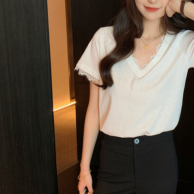 bigyu 白色气质蕾丝边V领正肩短袖t恤女夏季新款宽松舒适简约上衣