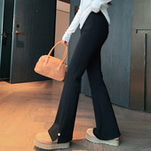 侧开叉修身 显瘦黑色长裤 微喇裤 bigyu 女秋冬加薄绒紧身弹力微喇裤