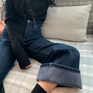 bigyu【12.26上新限时95折】高腰微喇叭牛仔裤女秋冬薄绒拖地裤
