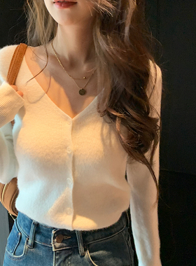 bigyu V领针织衫开衫女秋冬修身显瘦百搭打底衫内搭短款长袖上衣