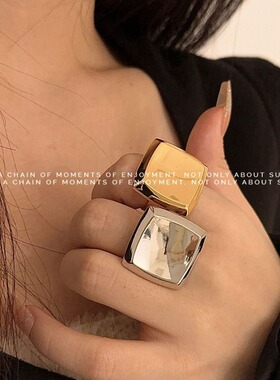 法式中古vintage金属高级感光面戒指 小众设计质感方形百搭指环戒