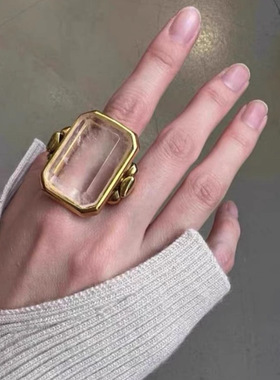 法式复古时尚方形方糖天然石水晶戒指夸张个性真空镀金高级感指环