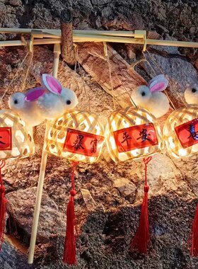 LED灯竹编兔子灯笼摆摊发光玩具