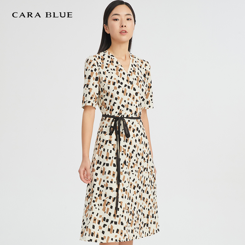 cara blue 喀啦 连衣裙 女装时尚气质优雅V领围裹KB211MWO0892
