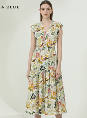 cara blue 喀啦 连衣裙  女装时尚气质印花收腰无袖KB221MWO0209
