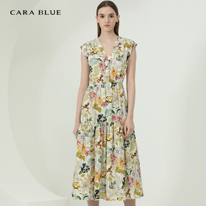 cara blue 喀啦 连衣裙  女装时尚气质印花收腰无袖KB221MWO0209