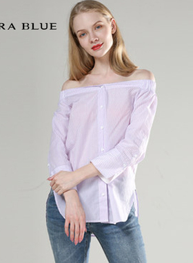cara blue 喀啦 衬衫 正品女装时尚气质条纹一字领KC201MWB0023