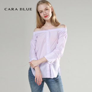 衬衫 喀啦 正品 女装 气质条纹一字领KC201MWB0023 cara 时尚 blue