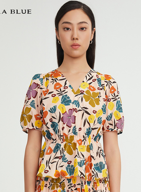 cara blue 喀啦 上衣 短袖V领显瘦碎花KC221MWB0011