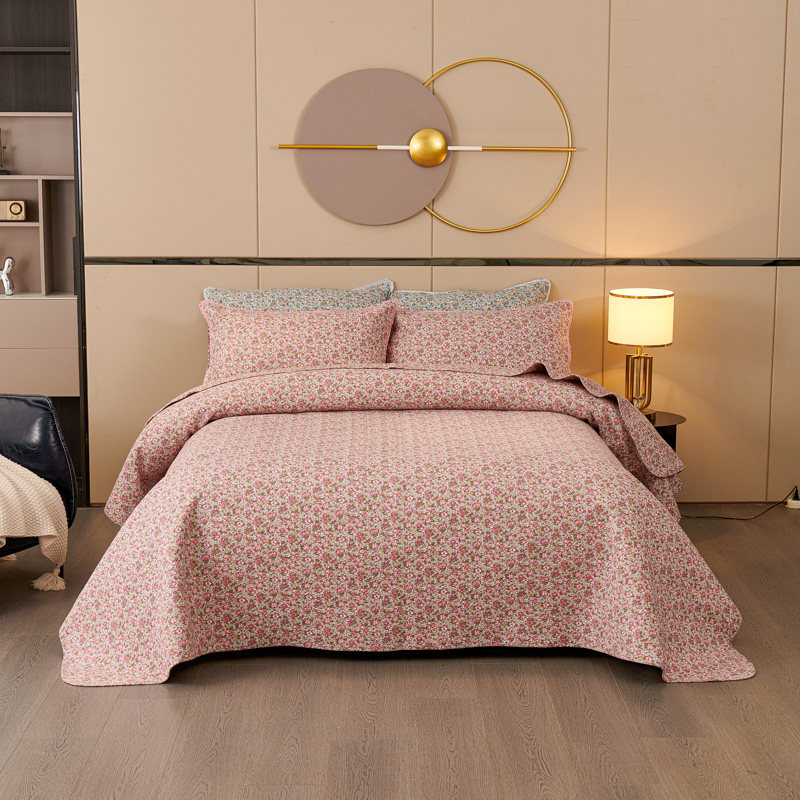 出口韩国高品质全棉小碎花绗缝被床盖三件套加厚床单双人空调被