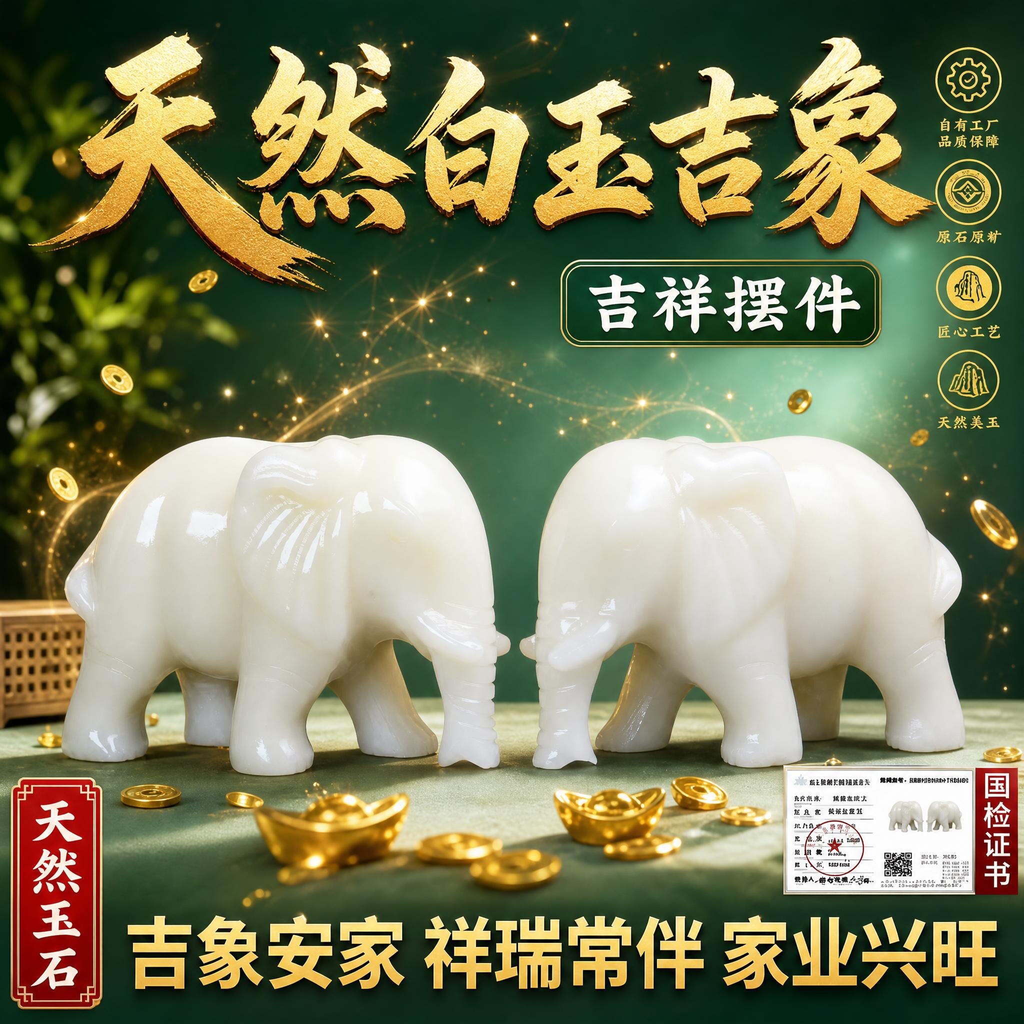 阿富汗汉白玉招财聚财大象一对