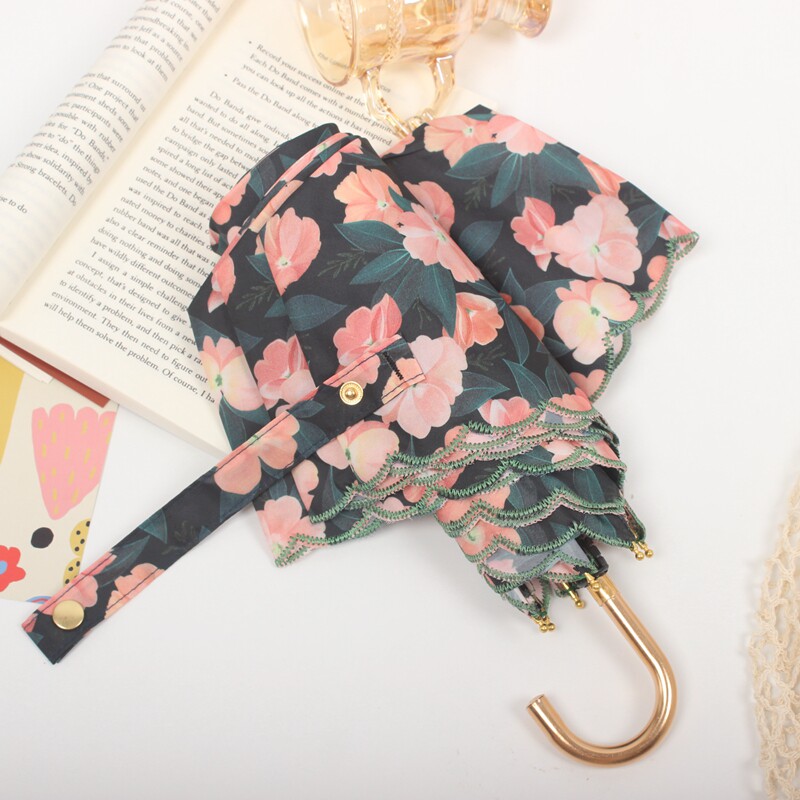 日本金色弯钩太阳伞花朵刺绣超轻晴雨遮阳伞三折数码印花雨伞女