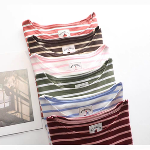 春秋上衣 大码 260克纯棉条纹长袖 T恤女外穿海魂衫
