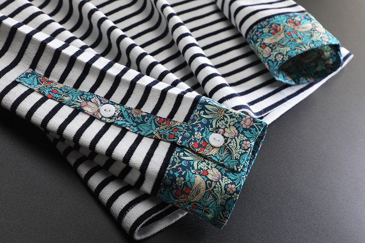 小众设计 高支纯棉草莓小偷莫奈花园利伯缇面料拼条纹长袖T恤女春,女装/女士精品,T恤,淘宝优惠券,粉丝福利购,淘宝优惠卷