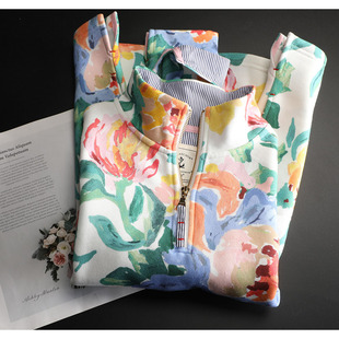 欧系英伦田园大花半门襟拉链卫衣女长袖拉绒纯棉碎花套头外套大码