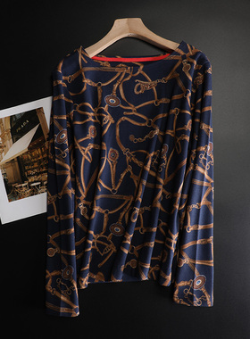 英伦风小众纯棉厚实复古马衔扣印花圆领长袖T恤女春秋宽松大码