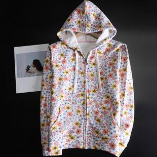 减龄英伦田园红色小碎花连帽卫衣女拉链开衫 外套春秋 加绒宽松大码