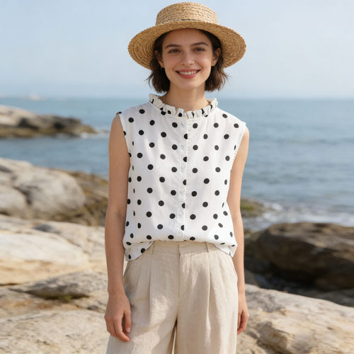 前后两穿木耳领棉麻波点背心女夏