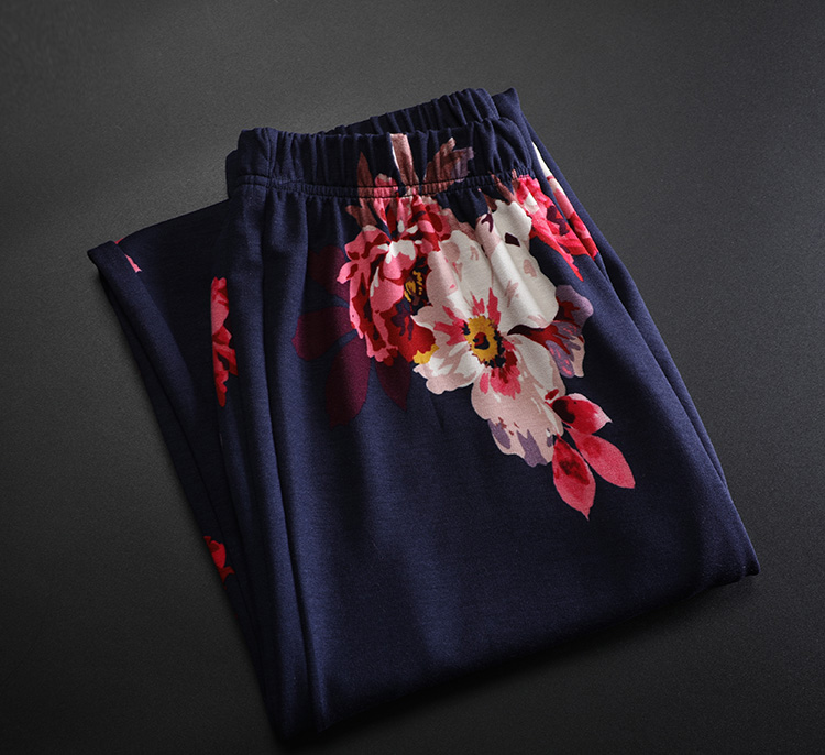 外贸英伦印花女士松紧腰宽松大花朵家居休闲裤胖mm大码睡裤长裤春