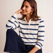 长袖 海魂风蓝白条纹女式 polo衫 运动休闲纯棉POLO领T恤宽松上衣春