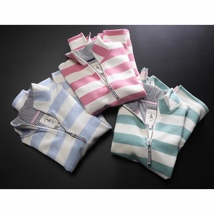 针织纯棉彩色条纹半拉链套头卫衣女加厚运动休闲POLO领外套大码春