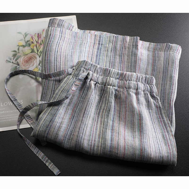 邂逅彩虹竖条纹纯亚麻短裤女松紧腰阔腿五分裤宽松大码夏薄外穿