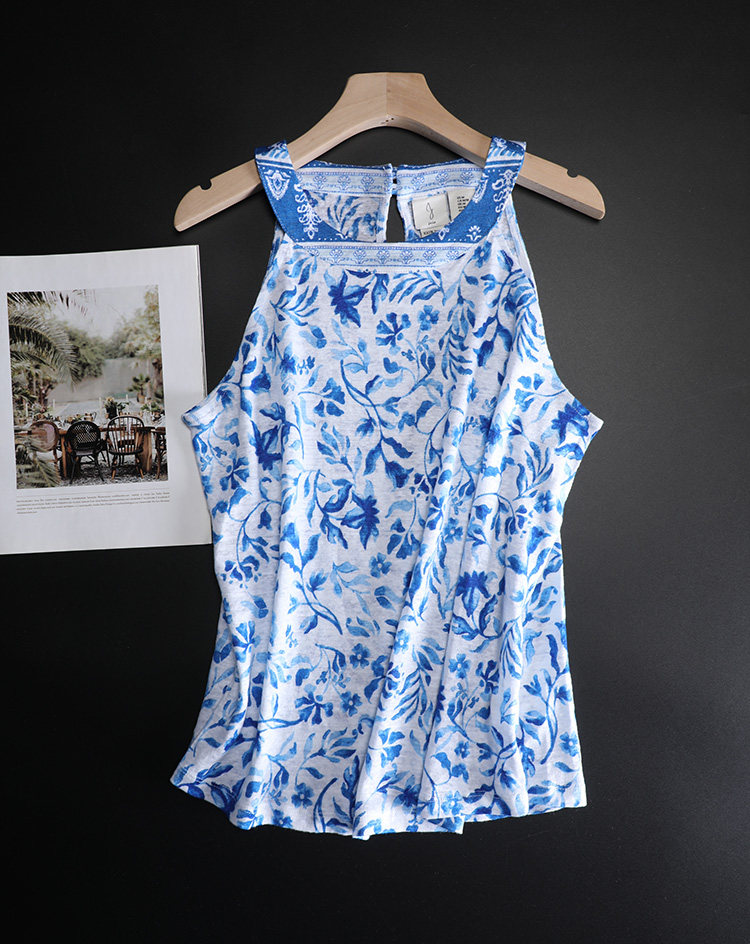 外贸订单针织纯亚麻蓝色碎花无袖T恤印花小背心吊带女夏季薄新款,女装/女士精品,背心吊带,淘宝优惠券,粉丝福利购,淘宝优惠卷