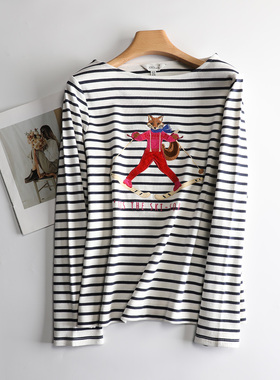 纯棉蓝白条纹刺绣狐狸长袖T恤女大码打底衫加厚可外穿