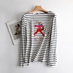 纯棉蓝白条纹刺绣狐狸长袖T恤女大码打底衫加厚可外穿