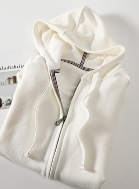 本白色纯棉柔软毛圈连帽卫衣女春宽松大码拉链开衫运动休闲外套