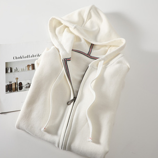 本白色纯棉柔软毛圈连帽卫衣女春宽松大码拉链开衫运动休闲外套