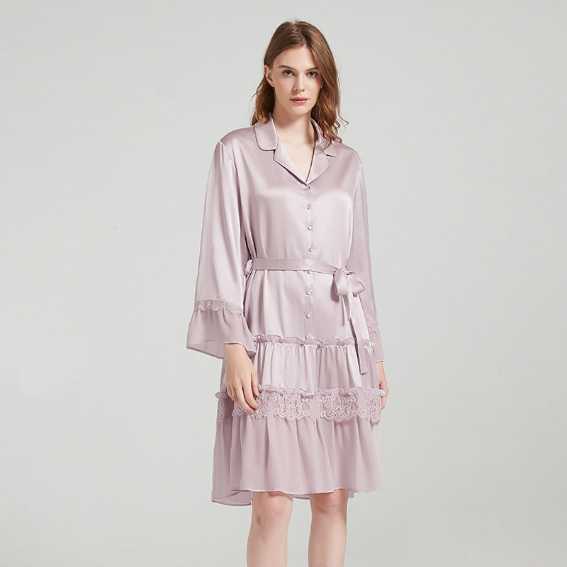 24新品法式浪漫薰衣草紫19mm真丝睡裙长袖睡衣连衣裙桑蚕丝家居服
