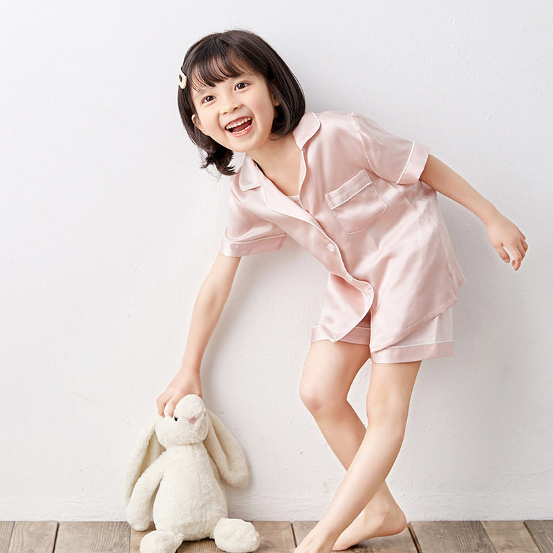 春夏19姆米儿童真丝睡衣套装100%桑蚕丝男女童装短袖短裤家居服