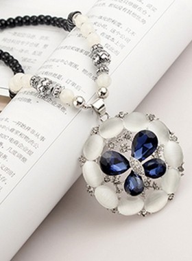 圆形立体蝴蝶蓝宝石水晶毛衣链